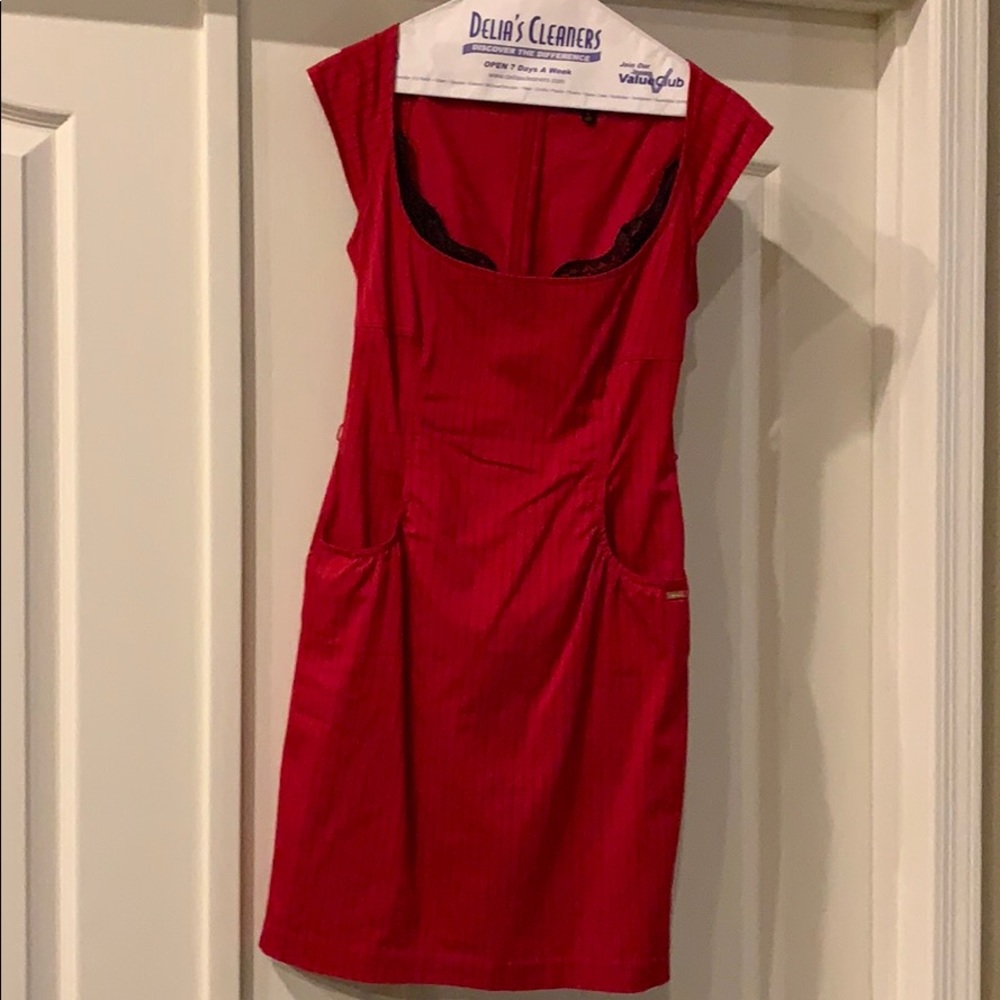 Red pin stripe dress